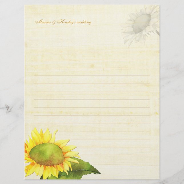 Watercolor Sunflower Wedding Guestbook Lined Paper (Front)