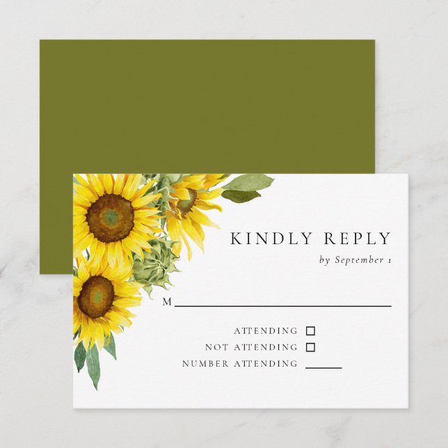 Watercolor Sunflower Wedding RSVP Elegant Rustic  Card (Front/Back)