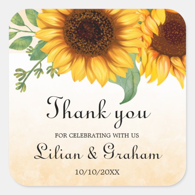 Watercolor Sunflower Wedding  Square Sticker (Front)
