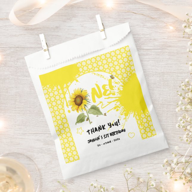 Watercolor Sunflower with Butterflies 1st Birthday Favour Bag (Clipped)