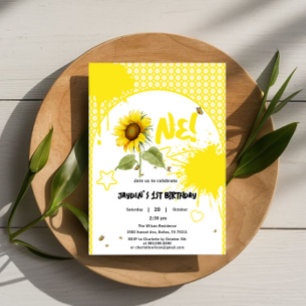 Watercolor Sunflower with Butterflies 1st Birthday Invitation