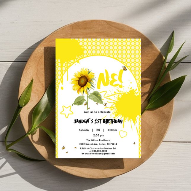 Watercolor Sunflower with Butterflies 1st Birthday Invitation (Creator Uploaded)