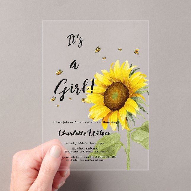 Watercolor Sunflower with Butterflies Baby Shower Acrylic Invitations (Insitu (Handheld))
