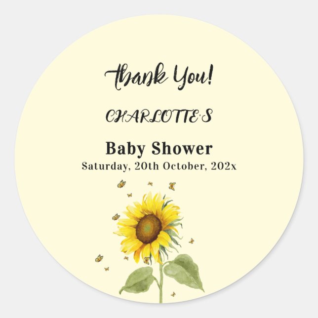 Watercolor Sunflower with Butterflies Baby Shower Classic Round Sticker (Front)