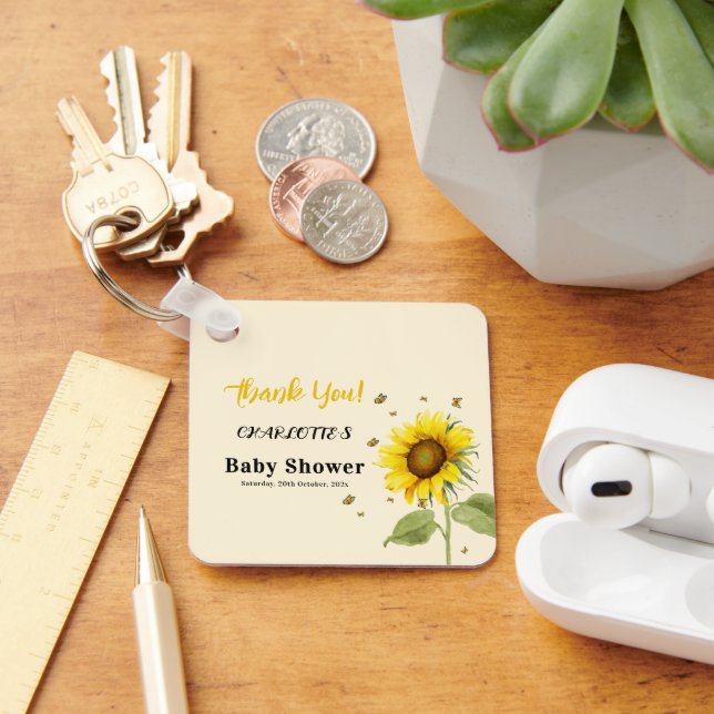 Watercolor Sunflower with Butterflies Baby Shower Key Ring (Desk)