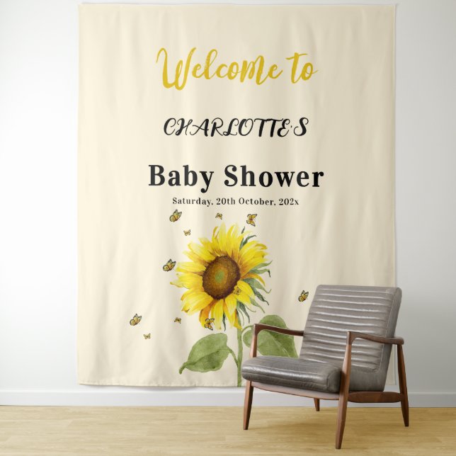 Watercolor Sunflower with Butterflies Baby Shower Tapestry (In Situ)