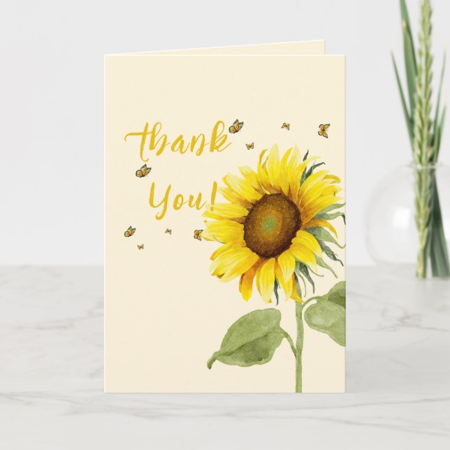 Watercolor Sunflower with Butterflies Baby Shower Thank You Card (Front)