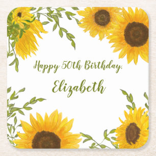 Watercolor Sunflowers 50th Birthday Coaster