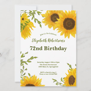 Watercolor Sunflowers 72nd Birthday Invitation