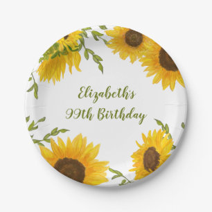 Watercolor Sunflowers 99th Birthday Paper Plates