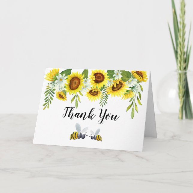 Watercolor Sunflowers and Bees Thank You Card (Front)