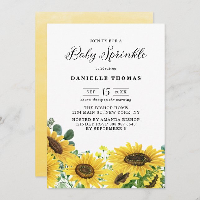 Watercolor Sunflowers and Eucalyptus Baby Sprinkle Invitation (Front/Back)