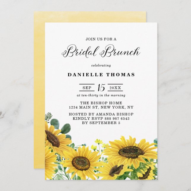 Watercolor Sunflowers and Eucalyptus Bridal Brunch Invitation (Front/Back)