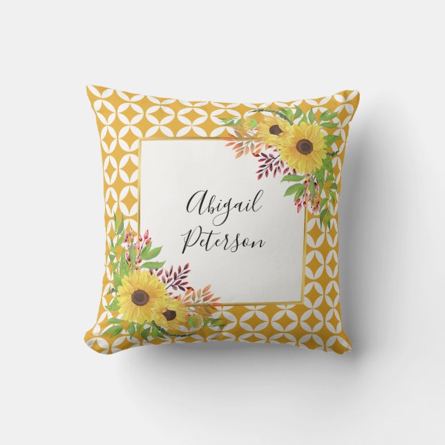 Watercolor sunflowers and geometric pattern cushion (Front)