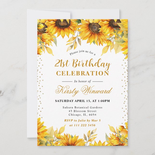 Watercolor Sunflowers and Gold Glitter Birthday Invitation (Front)