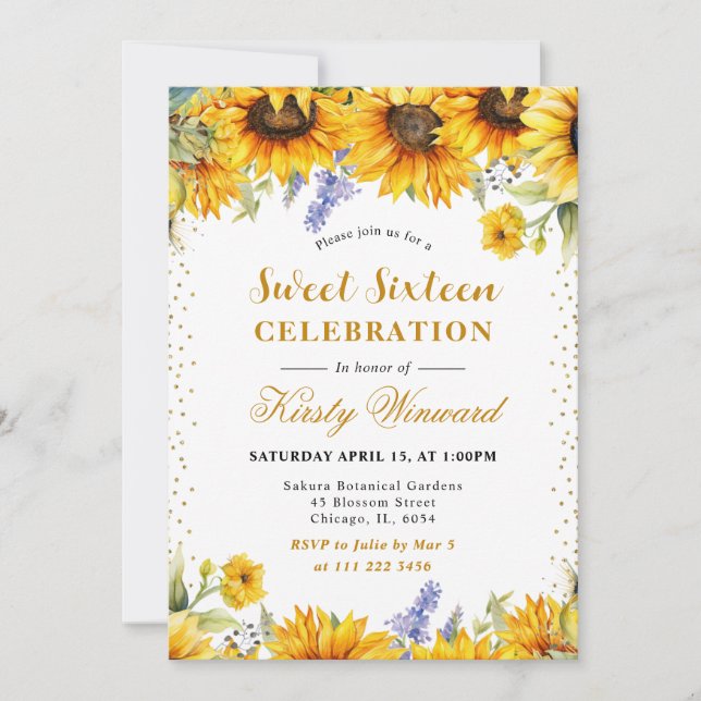 Watercolor Sunflowers and Gold Glitter Sweet 16 Invitation (Front)