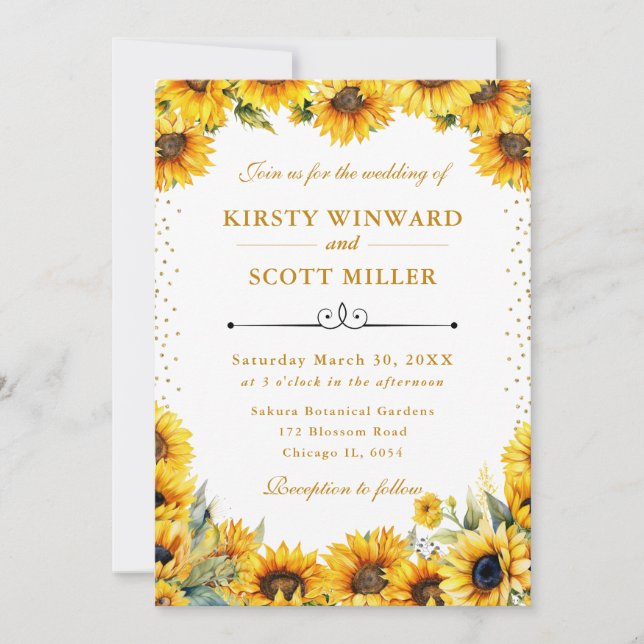 Watercolor Sunflowers and Gold Glitter Wedding Invitation (Front)