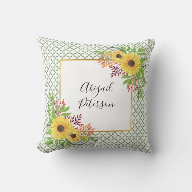 Watercolor sunflowers and green geometric pattern cushion (Front)
