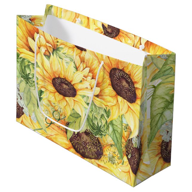 Watercolor Sunflowers and Greenery LARGE Gift Bags (Front Angled)