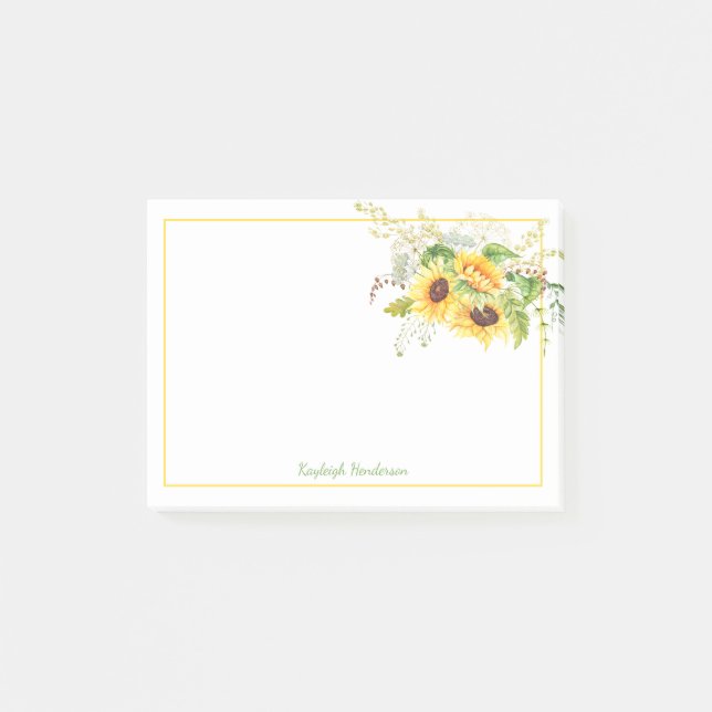Watercolor Sunflowers and Greenery Personalised Post-it Notes (Front)