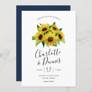 watercolor sunflowers and navy blue wedding invitation