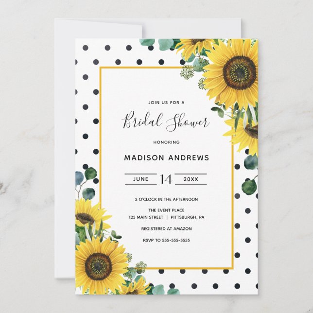 Watercolor Sunflowers and polka dots Bridal Shower Invitation (Front)