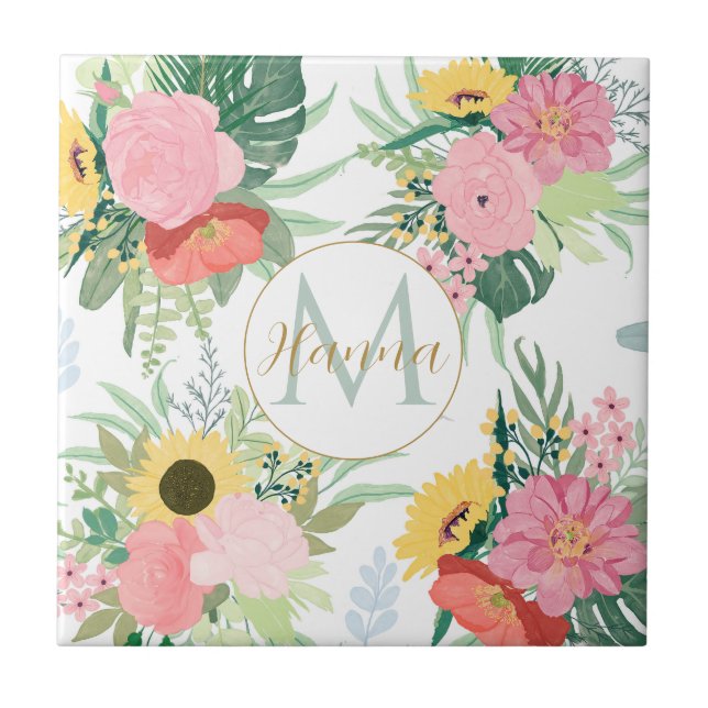 Watercolor Sunflowers and Poppies Botanical Ceramic Tile (Front)