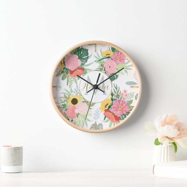 Watercolor Sunflowers and Poppies Botanical Clock (Home)