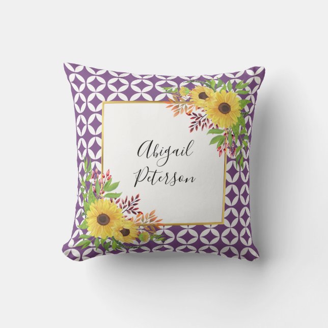 Watercolor sunflowers and purple geometric pattern cushion (Front)