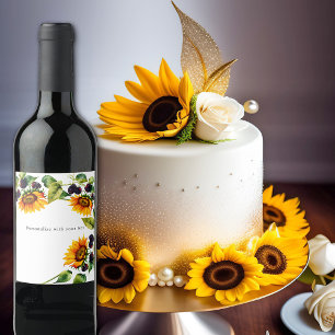 Watercolor Sunflowers and Raspberries Wine Label