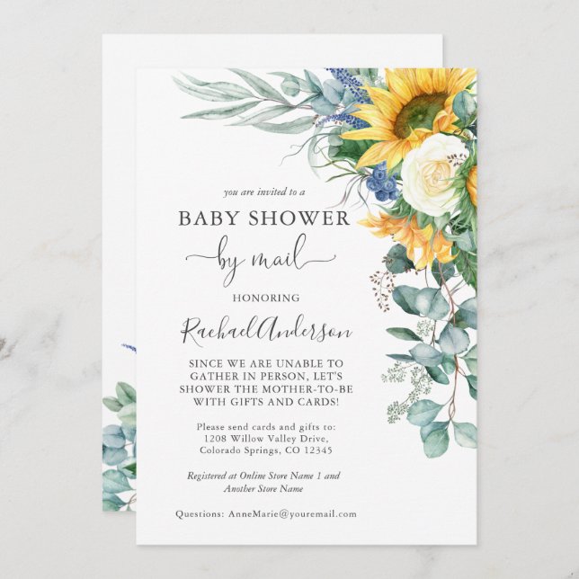 Watercolor Sunflowers Baby Shower by Mail Invitation (Front/Back)