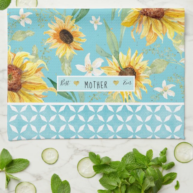 Watercolor Sunflowers Best Mother Ever Floral Tea Towel (Folded)