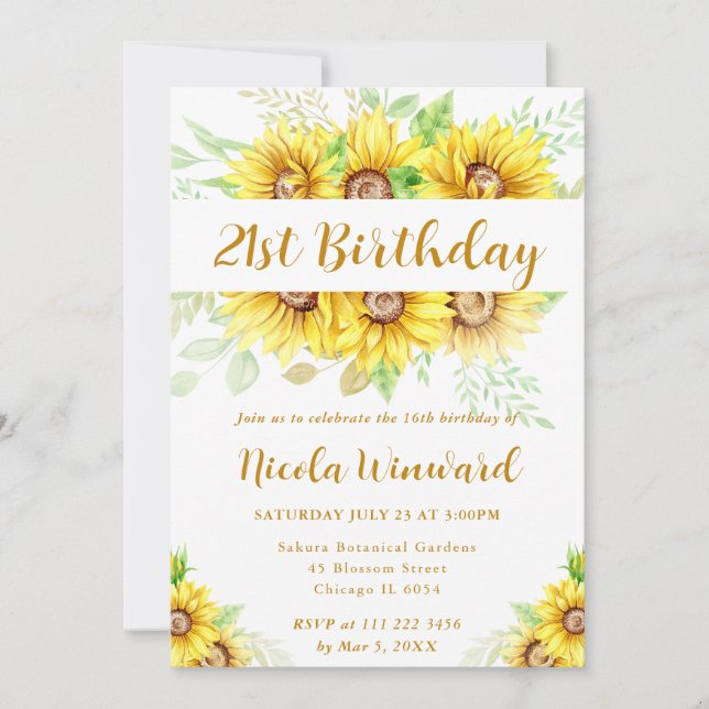 Watercolor Sunflowers Border Frame Birthday Invitation (Front)