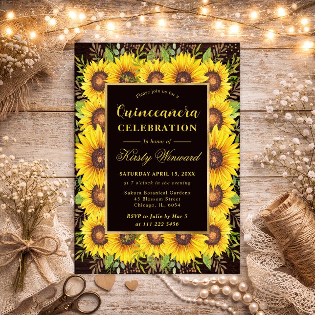 Watercolor Sunflowers Border Frame Quinceanera Invitation (Creator Uploaded)