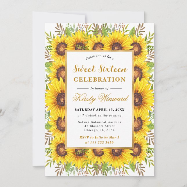 Watercolor Sunflowers Border Frame Sweet 16 Invitation (Front)