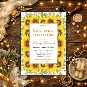 Watercolor Sunflowers Border Frame Sweet 16 Invitation
