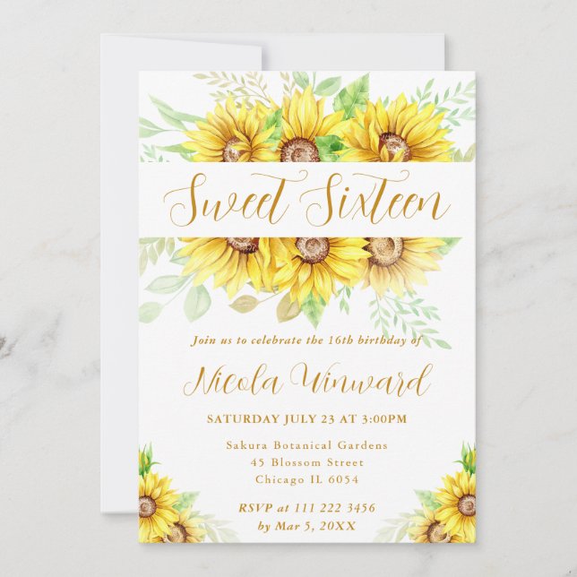 Watercolor Sunflowers Border Frame Sweet 16 Invitation (Front)