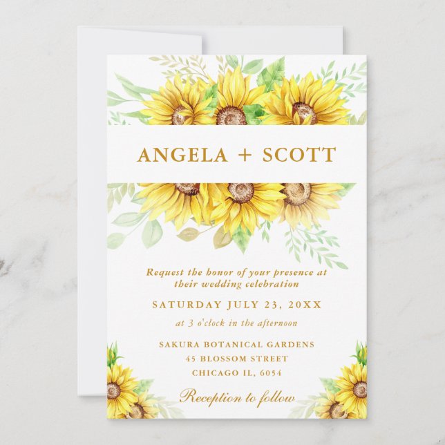 Watercolor Sunflowers Border Frame Wedding Invitation (Front)