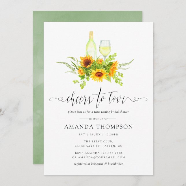 Watercolor Sunflowers Bridal Shower Wine Tasting Invitation (Front/Back)