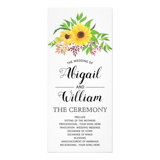 Watercolor sunflowers BUDGHET wedding program Rack Card (Front)