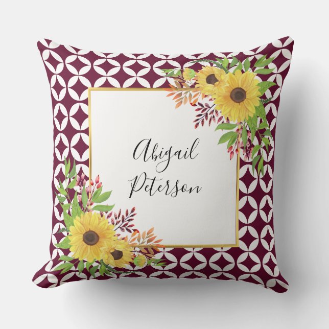 Watercolor sunflowers, burgundy geometric pattern cushion (Front)