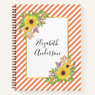 Watercolor sunflowers, coral and white stripes notebook