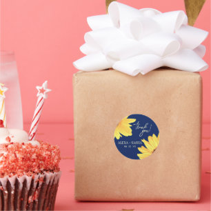 Watercolor Sunflowers dark blue Minimalist Wedding Classic Round Sticker