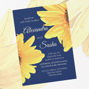 Watercolor Sunflowers dark blue Minimalist Wedding Invitation