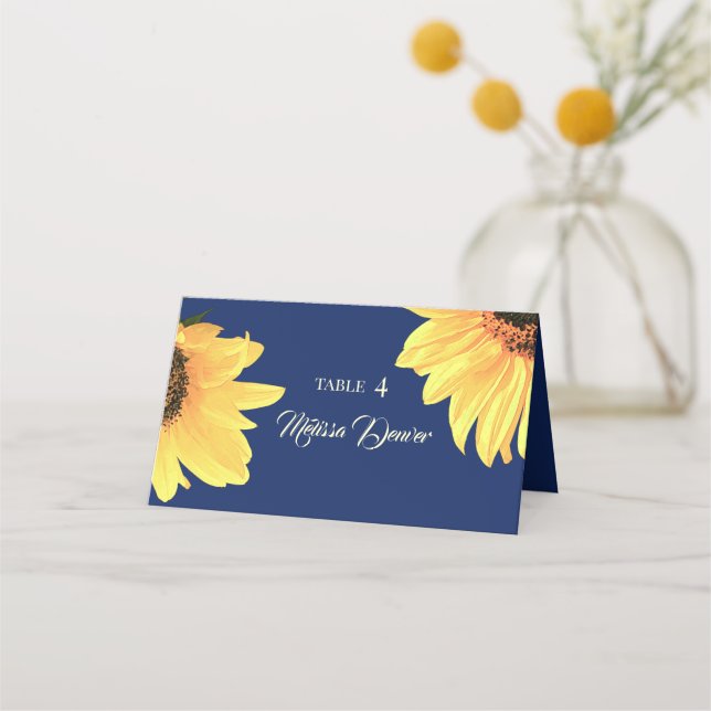 Watercolor Sunflowers dark blue Wedding Place Card (Front)