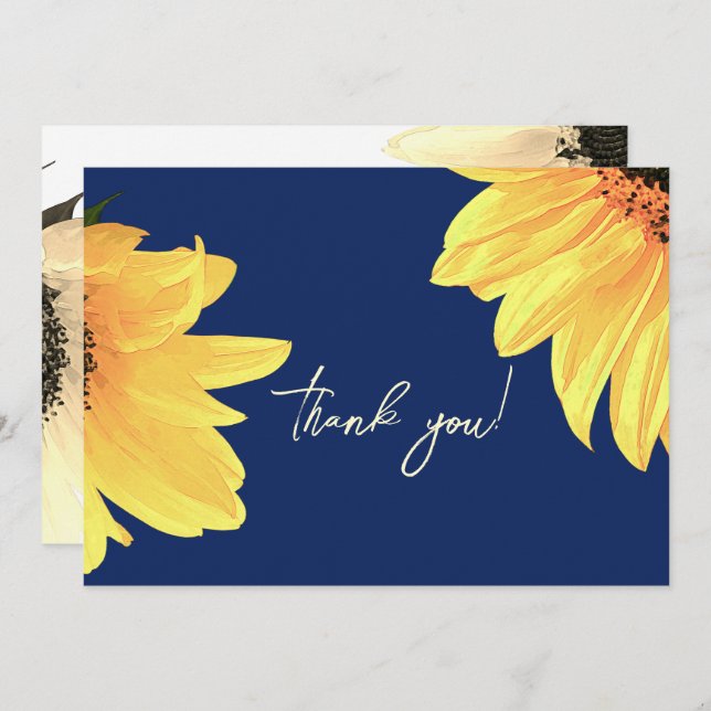 Watercolor Sunflowers dark blue Wedding Thank You Card (Front/Back)