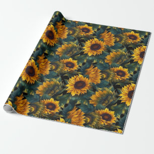 Watercolor Sunflowers Dark Wrapping Paper