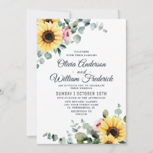 Watercolor Sunflowers Eucalyptus Bloom Wedding Invitation