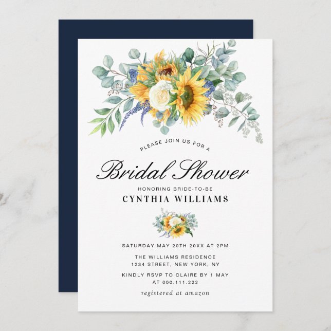 watercolor sunflowers eucalyptus bridal shower invitation (Front/Back)