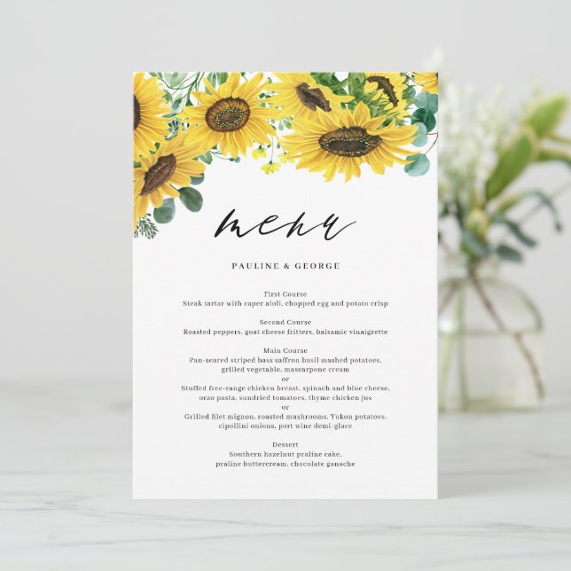Watercolor Sunflowers Eucalyptus Menu Card (Standing Front)